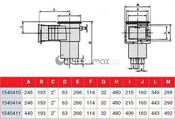 Skimmer VA, sání 406 mm x 160 mm, pro fólie, s mosaznými zástřiky
